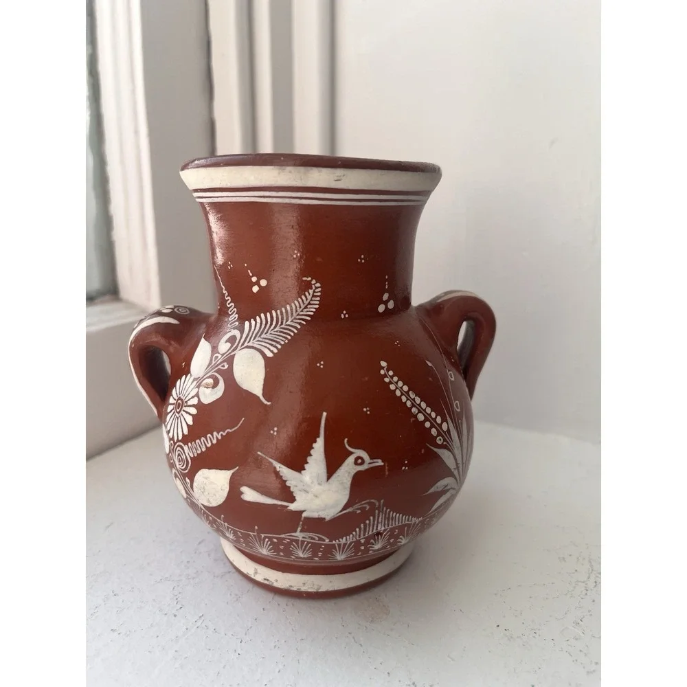 Vintage Handmade Mexican Pottery Vase Bird Flower Deer Signed J.‎ Pila Red Clay